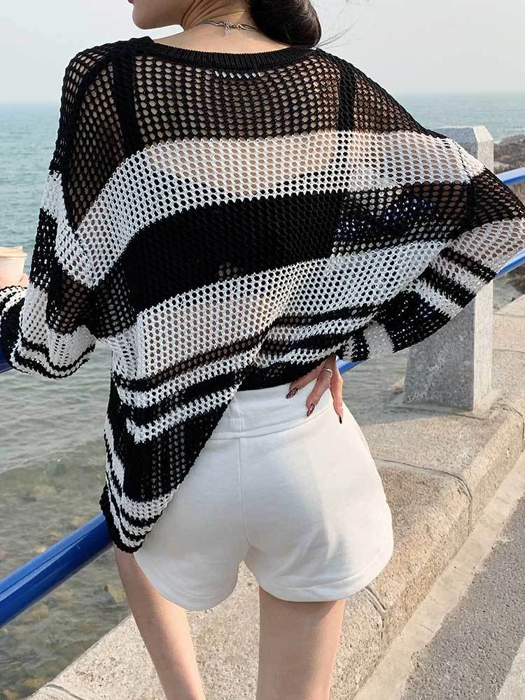 QWEEK Knit Knitted Stripped Sweater Women 2024 Fashion Japanese Harajuku Streetwear Oversized Loose Pullovers Tops