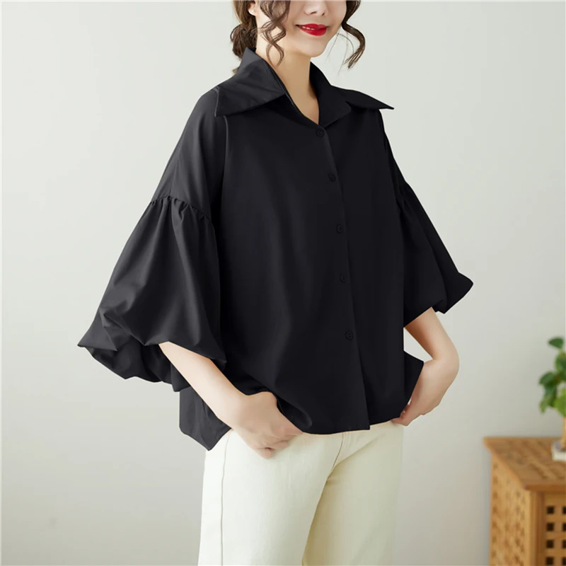 موضة فانوس كم قمصان بيضاء بدوره إلى أسفل طوق كم طويل فضفاض بلوزة كبيرة الحجم المرأة 2025 أزرار جديدة بلايز القمصان