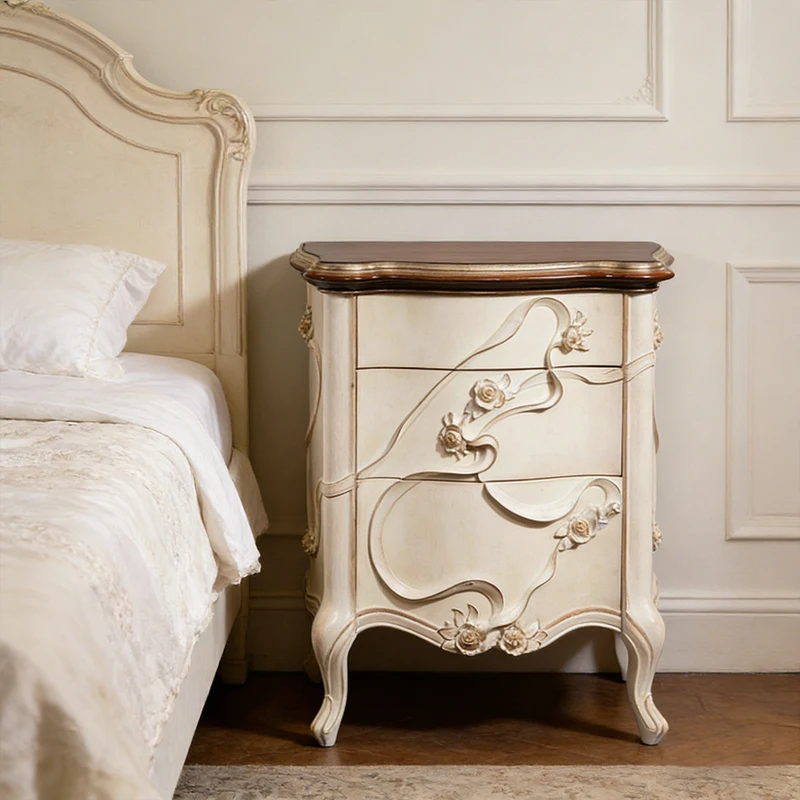 

!@Romantic French Hand-carved 3D Rose Motifs Storage Furniture Night Stand Cherry Wood Veneer Gold Foil Retro Bedside Table Hote