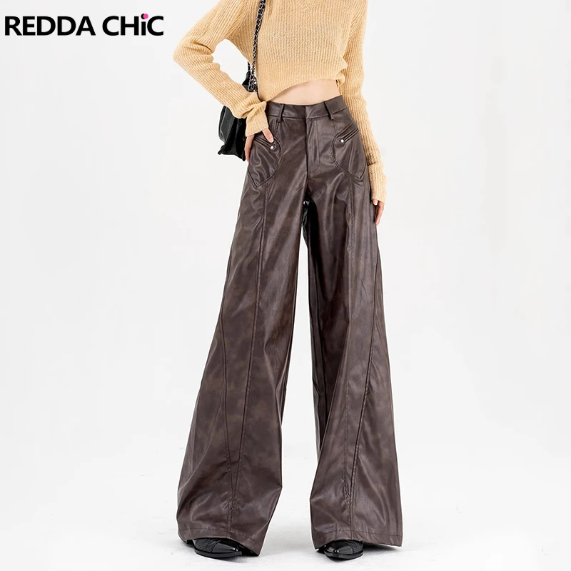 REDDACHiC Brown Distressed Leather Wide Leg Pants Women Moto Punk Draped High Waist Casual Pants Minimalist Korean Streetwear