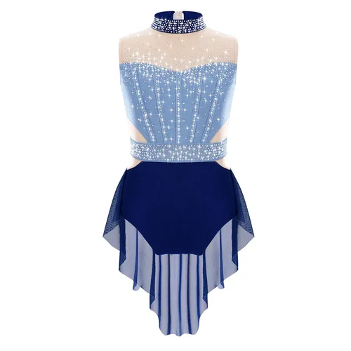 Imagen 2 del producto Traje de actuación de danza lírica para niñas, sin mangas, con diamantes de imitación, leotardo gimnástico de Ballet, Ropa de baile de competición de patinaje artístico