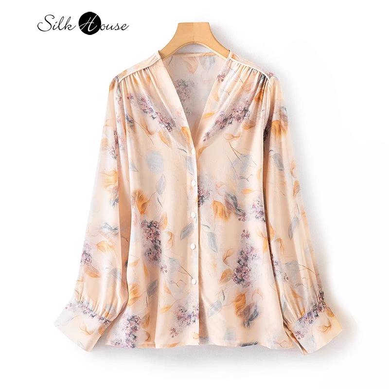 2024 Women\'s Fashion Summer New Elegant Print 100% Natural Mulberry Silk Crepe De Chine V-neck Long Sleeved Shirt