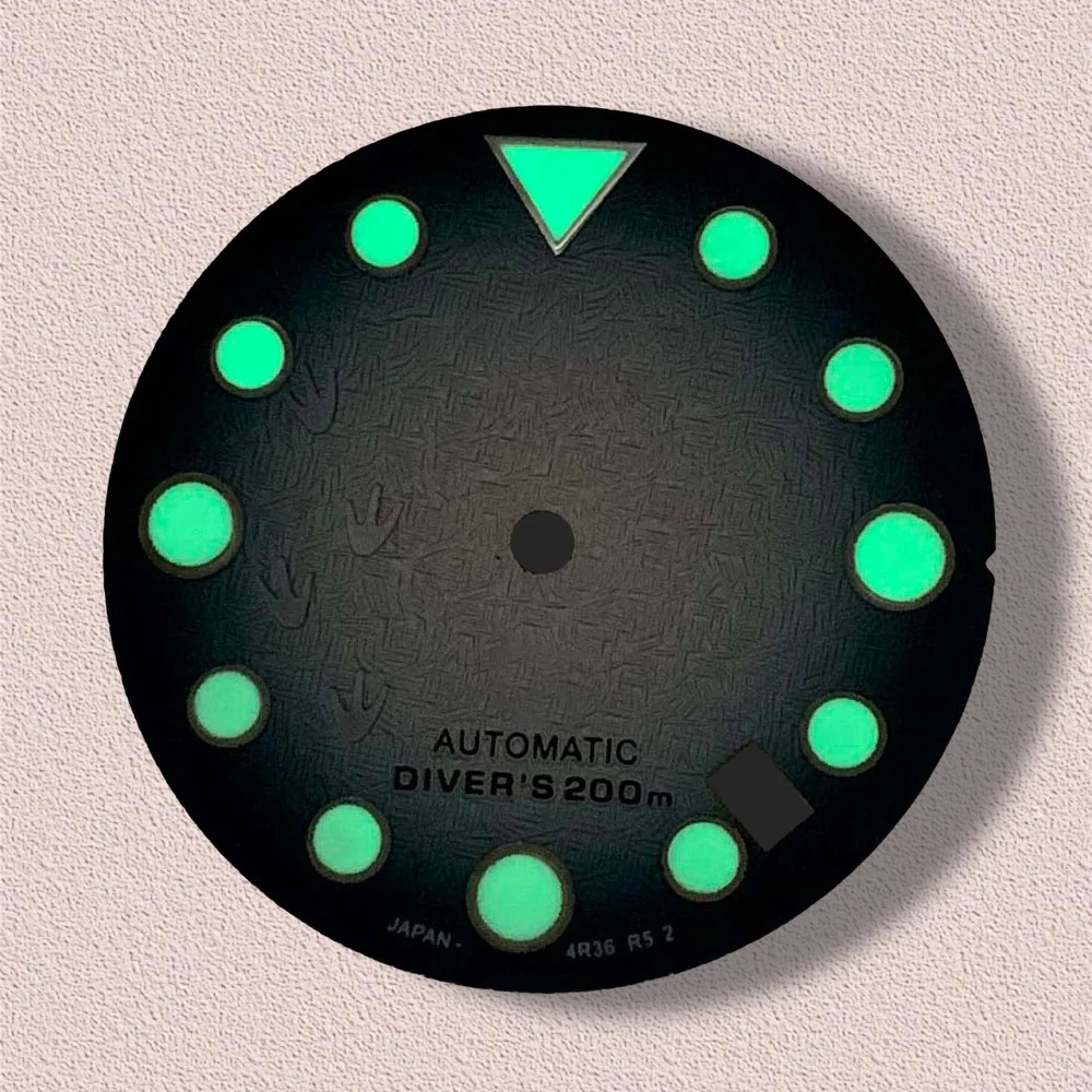 Alta qualidade 28.5mm logotipo s nh35 dial 3d pegadas dial caber movimento nh35 c3 verde luminoso skx007/sub dial nh35 acessórios