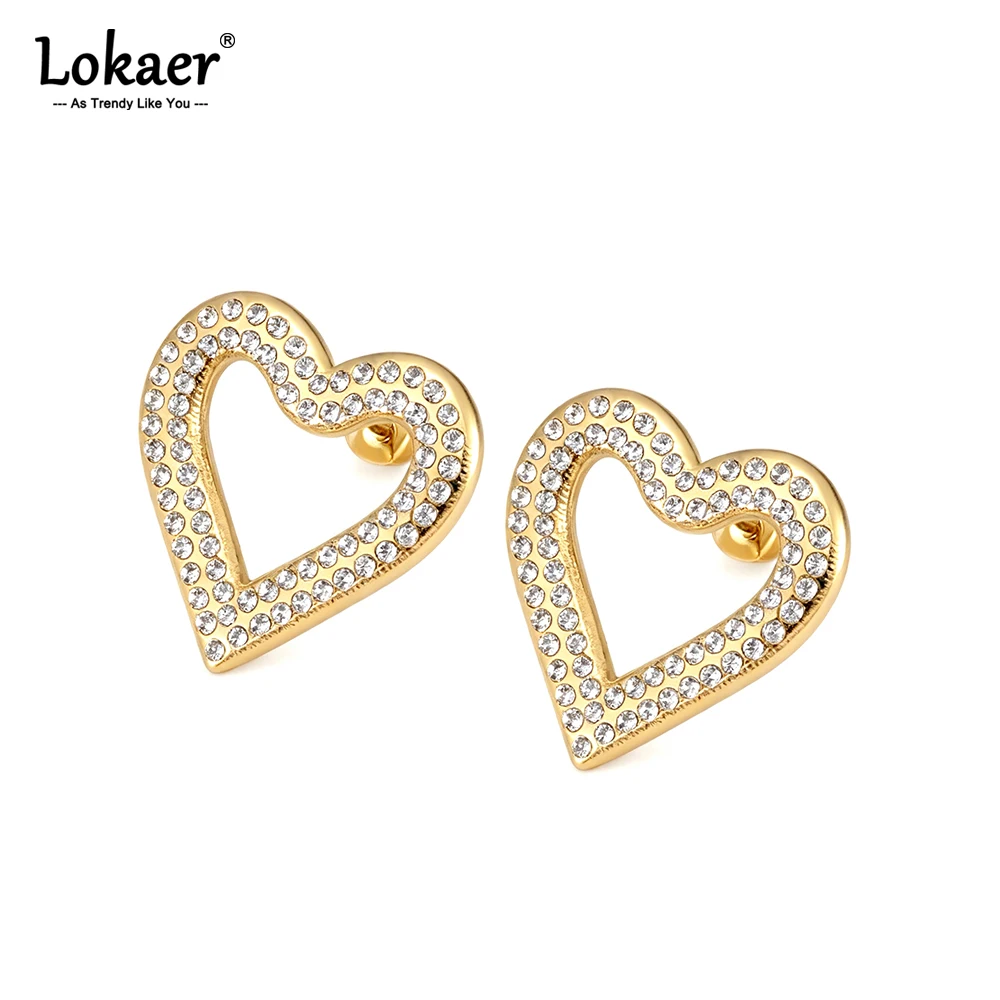 Lokaer Delicate Pave Setting Zircon Hollowed Out Heart Earrings Gold Plated Stainless Steel Romantic Jewelry For Women E26170