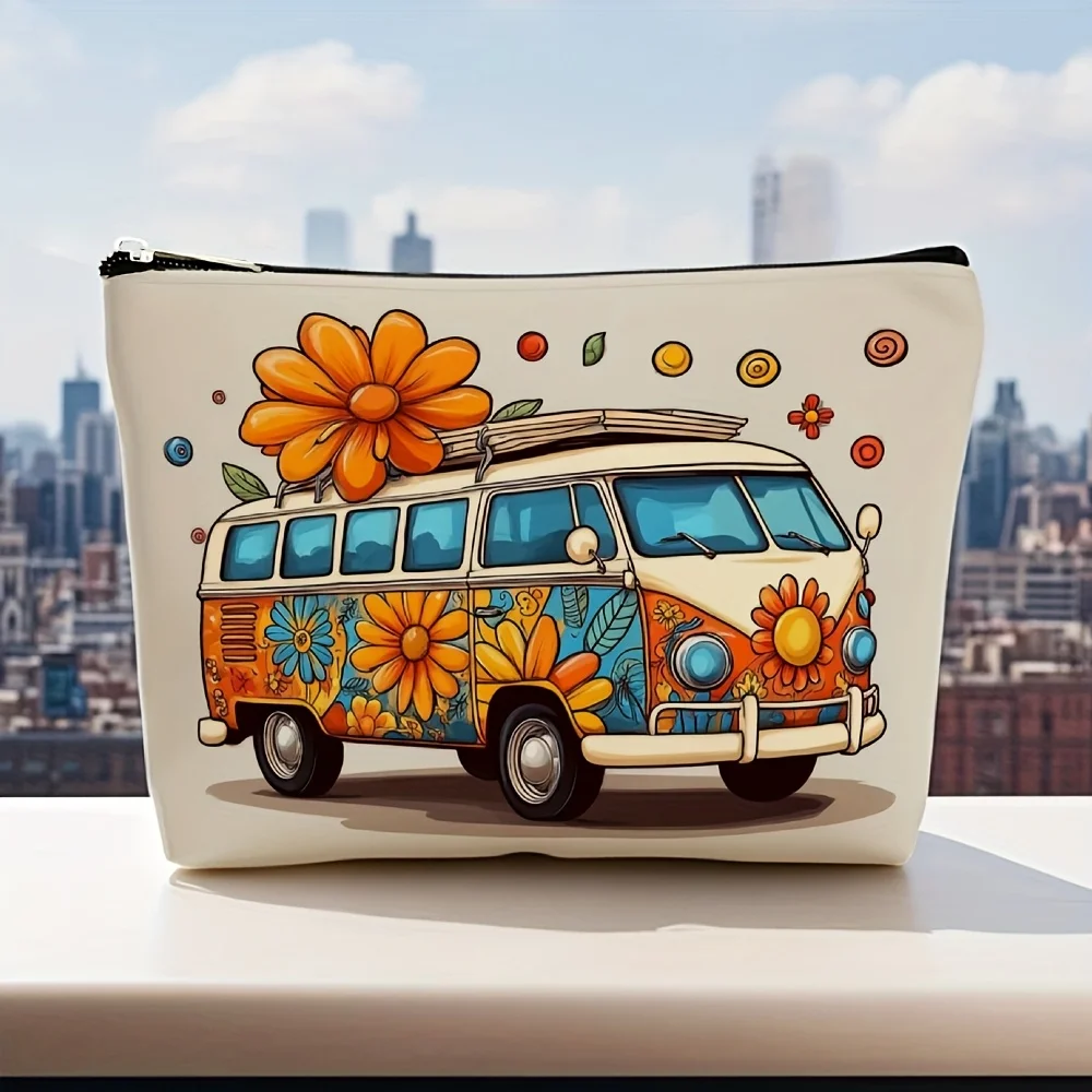 A Retro Bus Makeup Bag -Cute Multi-functional Zipper Bag for Women, Jewelry Storage Bag, Perfect Travel Zipper Small Storage Bag