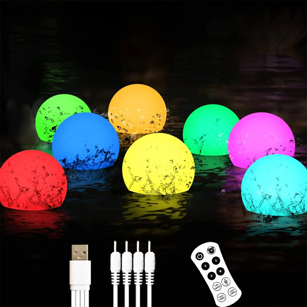 Floating Pool Lights Pond Ball Lights USB Powered Waterproof Glow Pool Balls Light with Hook RGB Float Outdoor Garden Lighting