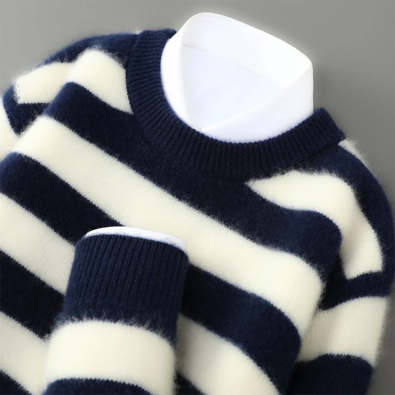 

100% Wool Round Neck Sweater, Color Block Stripes , Thickened Knit Base Layer, White Navy 5 Colors