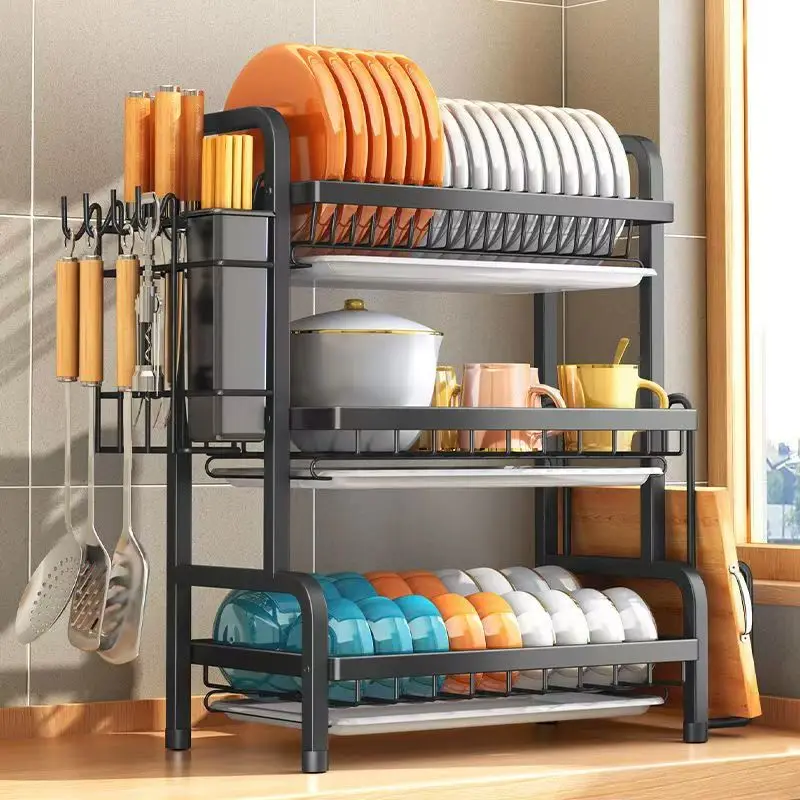 Space-saving 2/3 Tier Dish Drying Rack with Utensil Holder for Kitchen Storage Counter Organizer with Cutting Board Holder