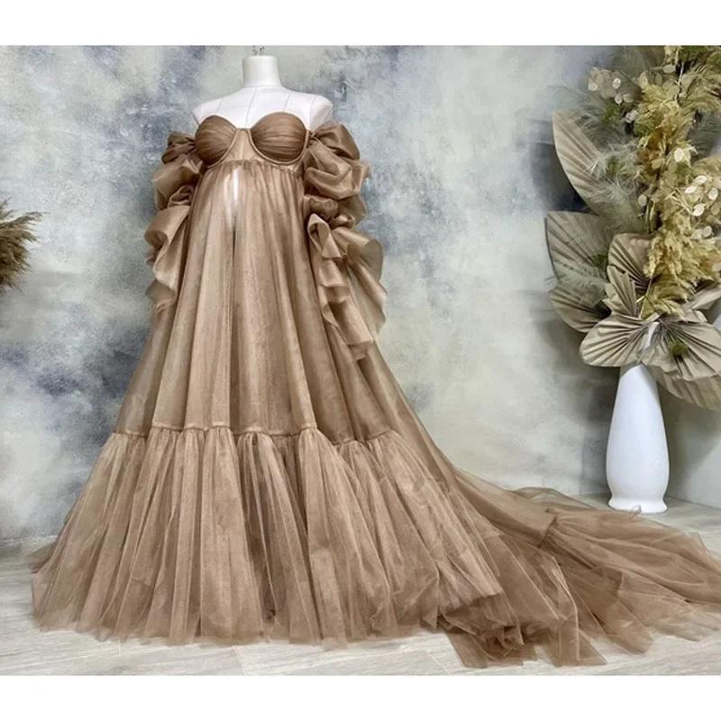 Brown Tulle Maternity Gowns Pregnancy Dress for Photoshoot Puff Sleeves Maternity Dresses Photography Babyshower Robes Custom