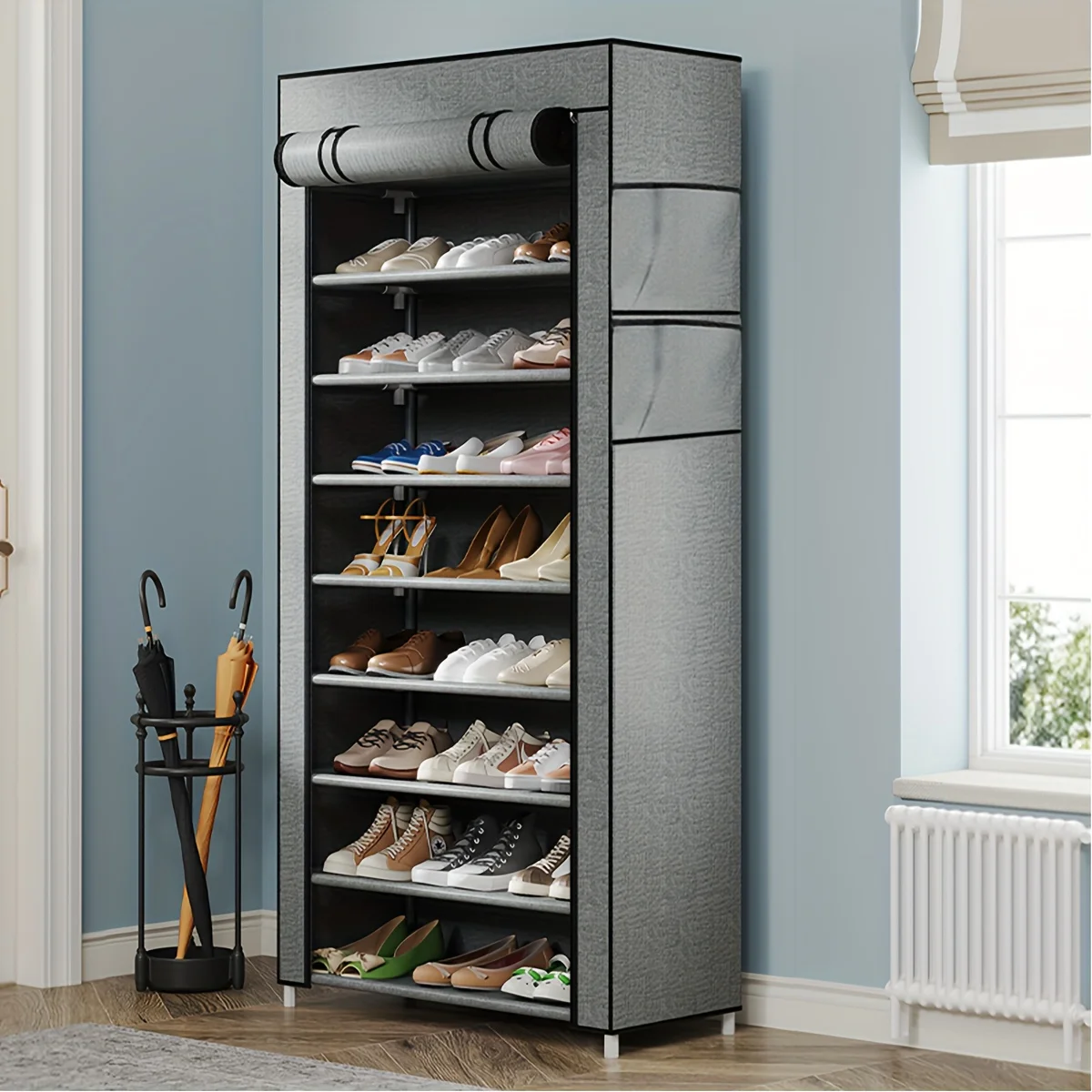9-Tier Shoe Cabinet with Dust Cover, Multifunctional Shoe Cabinet for Hallways, Living Rooms, Dormitories, Home Bedrooms, Entryways, and Outside the Door, for Storing Combs, Keys, and Accommodating Multiple Pairs of Shoes Comes with 2 Storage Bags