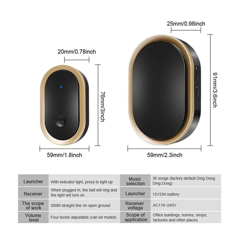 FULL-Battery-Operated 300M Remote Wireless Doorbell Kit With 60 Chimes, Smart Design, Easy To Install Ideal For Home And Office