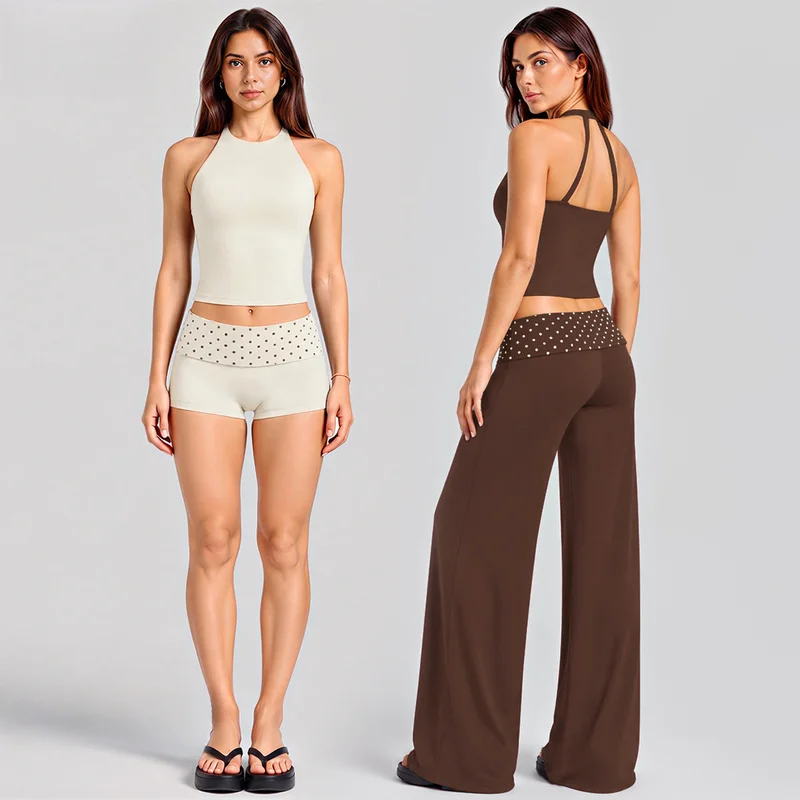 Halter Neck 2Pcs Women Yoga Set Quick Dry Tank Top With Polka Dot Fold Waist Wide Leg Pants Active Outfit For Fitness Pilates