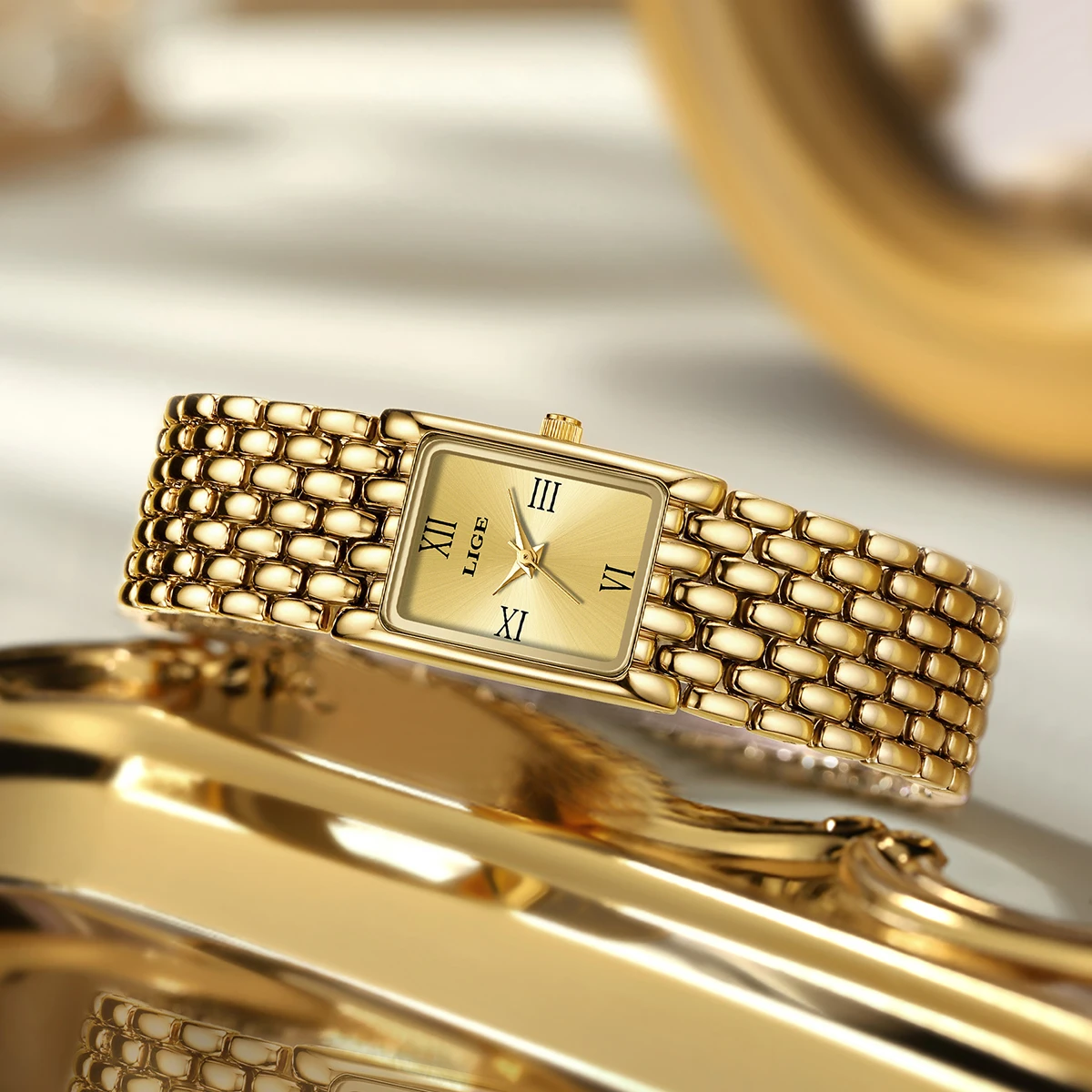 

LIGE 2025 New Gold Women's Watch Luxury Quartz Watch Stainless Steel Bracelet Retro Fashion 30M Waterproof Watch for Women reloj