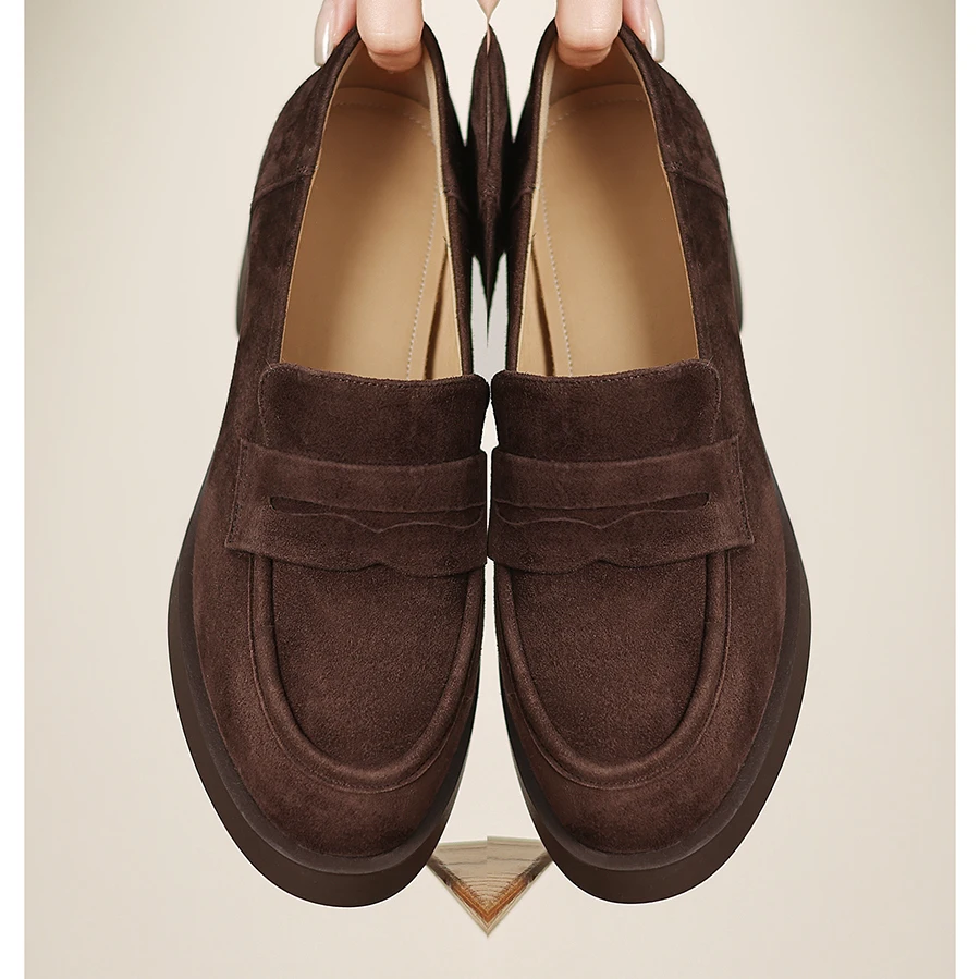EAGSITY Cow Leather suede brown loafers women's shoes square heel pumps slip on footwear party block heel shoes casual shoes