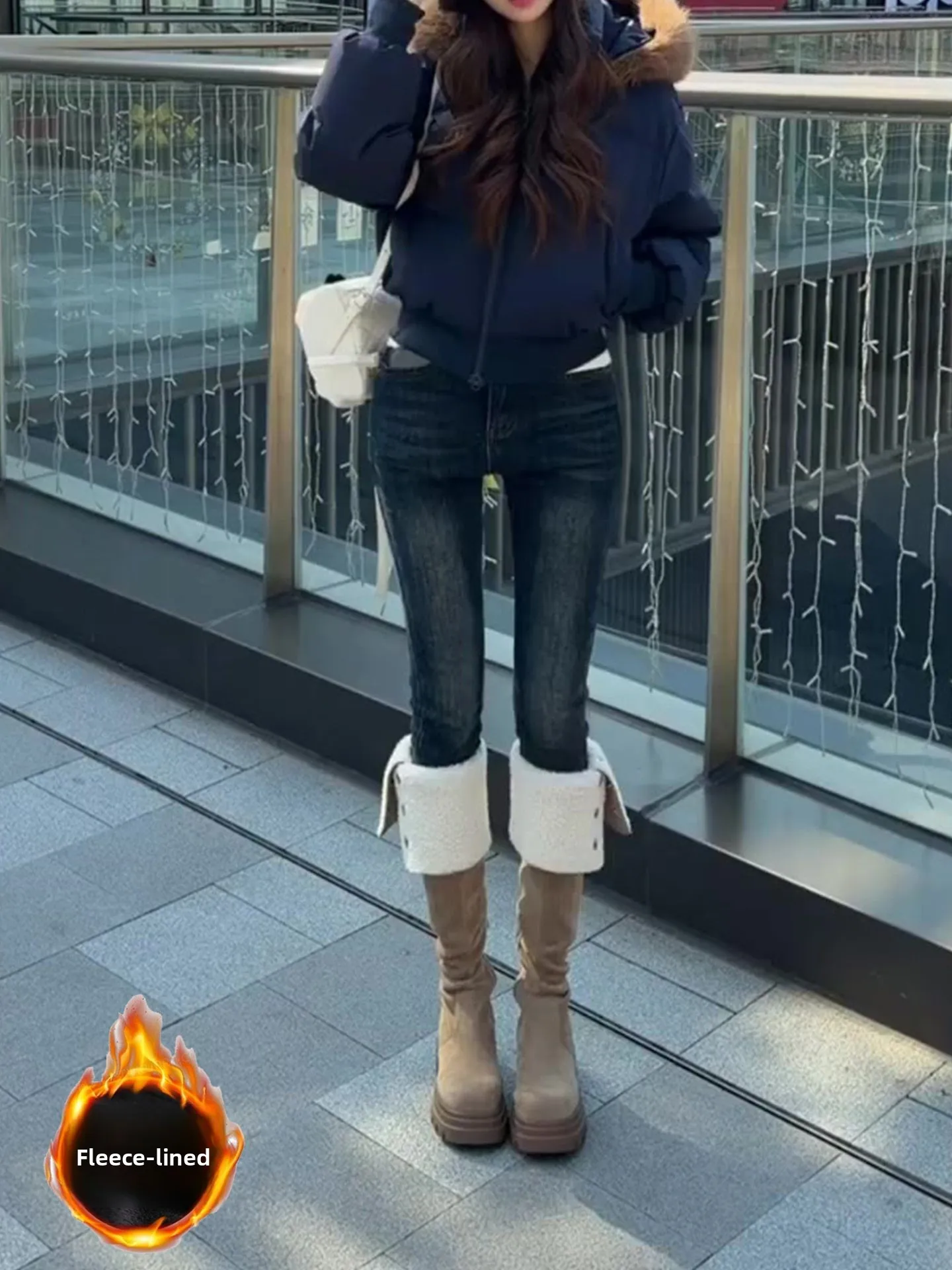 Retro American Deep Blue Hohe Taille Fce Gefüttert Skinny Nine Points Damen Jeans Herbst Winter Neue Sle Bleistift Slim Fit Hosen