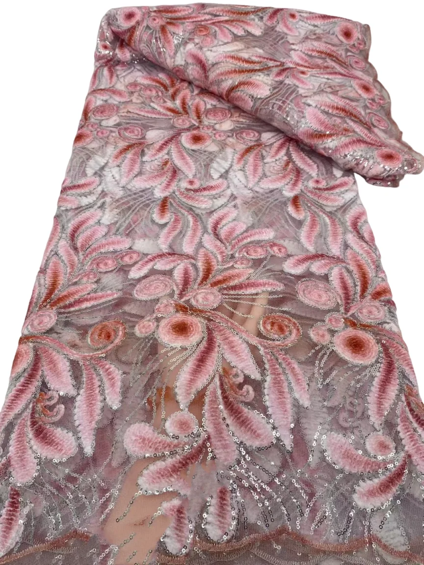 

French Flocking Tulle Mesh Lace Fabric Wedding Dress Nigerian Lace Embroidered Fabric With Sequins High Quality For Women 5Yards