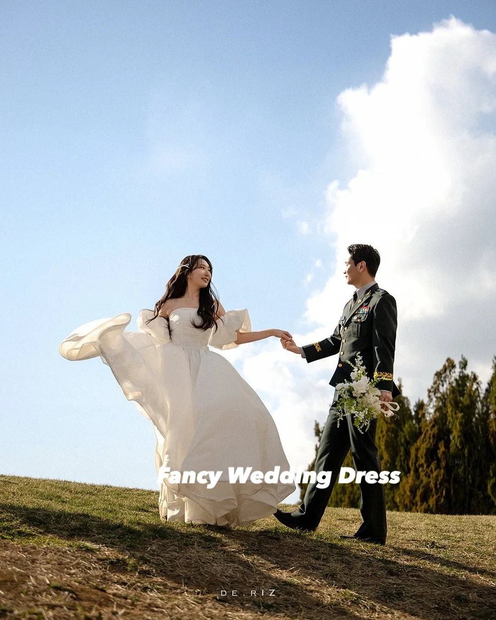 Fancy Princess Strapless Korea Wedding Dress A Line Taffeta Evening Party Dresses Removable Puff Sleeves Back Corset Customized