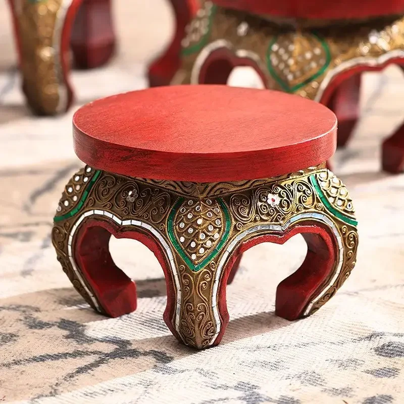 Thai Foot Washing Low Stool Wooden Bench Internet Celebrity Round Stool Small Footrest Seat For Bathroom Living Room Home
