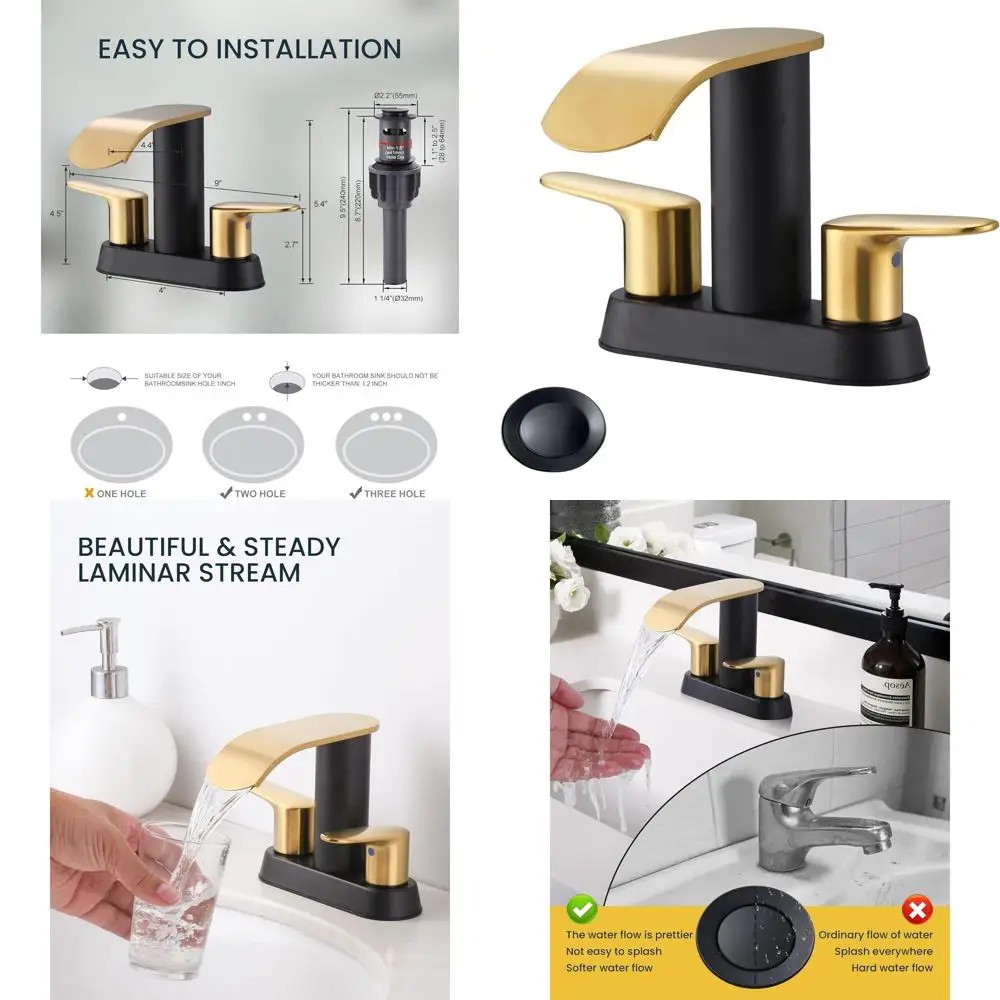 

Modern 2-3 Hole Centerset Lavatory Faucet with Pop-Up Drain, Black and Gold Finish, 4 Spacing