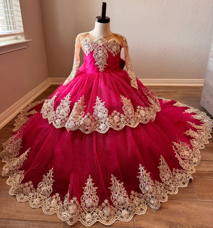 Rote Blumenmädchenkleider für die Hochzeit, goldene Applikation, volle Ärmel mit Schleife, Ballkleider, Erstkommunion, Kindergeburtstagsparty-Kleider