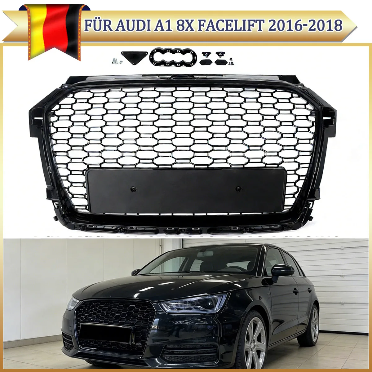 Gloss Black For Audi A1 8X Facelift 2015~2018 RS Look Front Center Upper Bumper Hood Grill Honeycomb Mesh Racing Grills Cover ABS