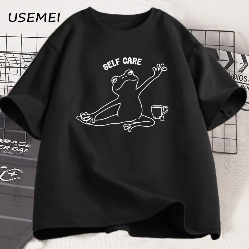Retro Frog Self Care T-Shirt Funny Cute Frog Tshirt Casual Cotton Short Sleeve Frog Lover Gift Positive Mental Health T Shirt
