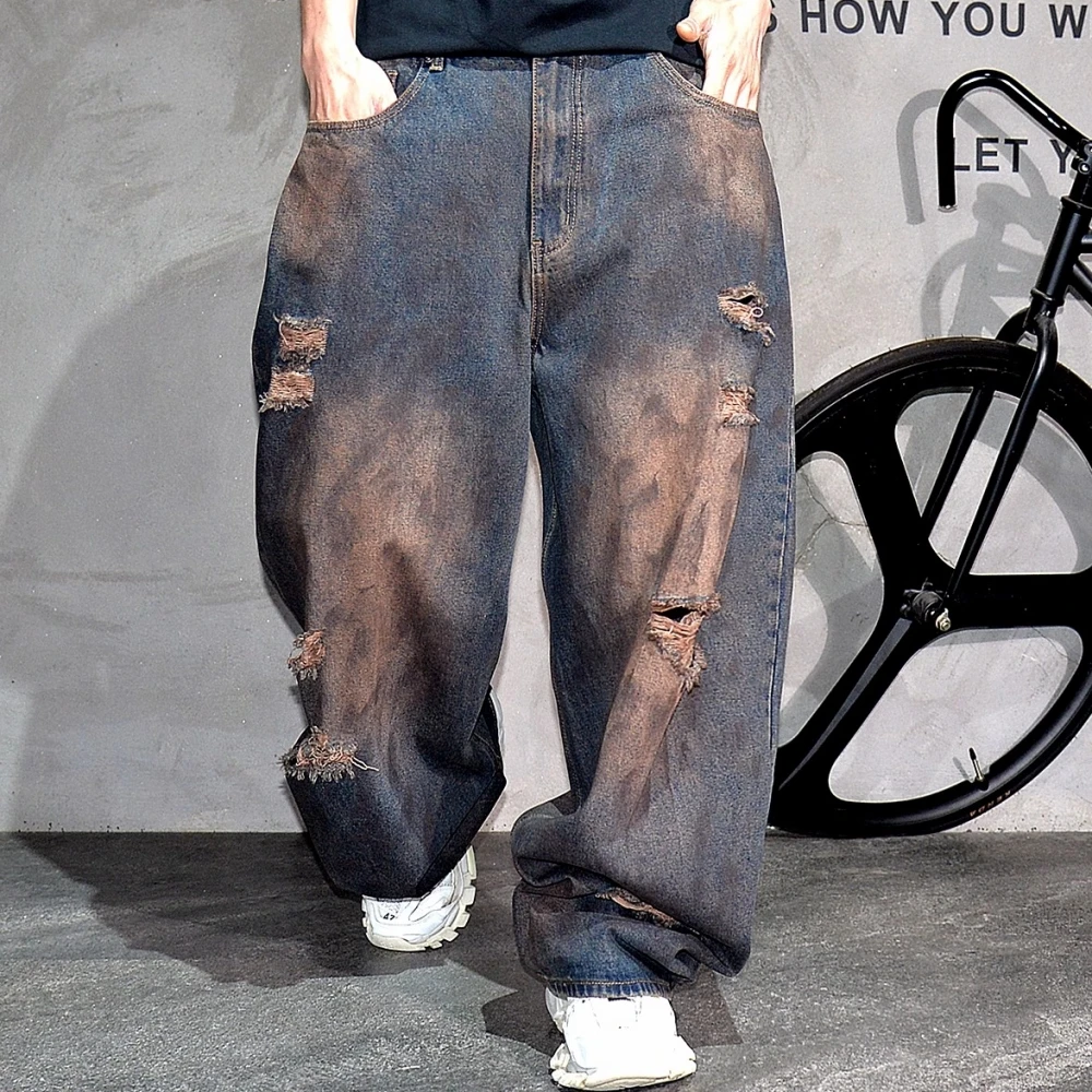 الهيب هوب الأمريكية فضفاض الجينز الرجال المتعثرة ممزق مكدسة الدينيم السراويل الكورية الشارع الشهير سكيت خمر جودة عالية عادية #5