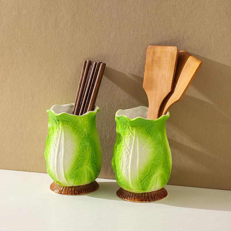 

Elegant Ceramic Chopsticks Holder Cabbage Shape Kitchen Storage Rack Drainable New Model High Aesthetic Value round Single Layer