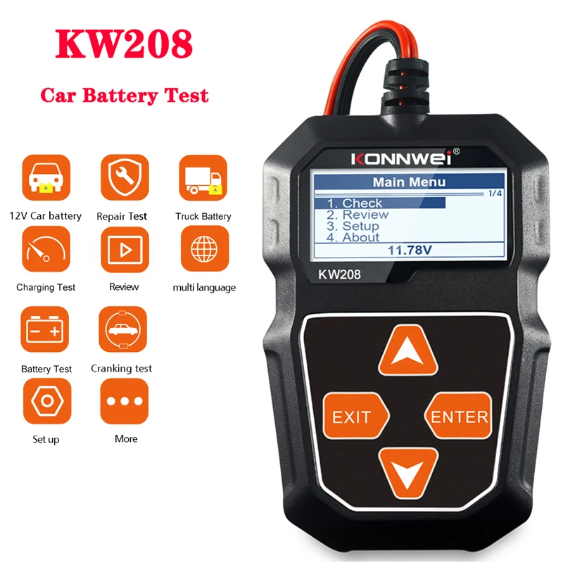 KONNWEI KW208 Car Battery Tester 12V 100 to 2000CCA Cranking Charging Circut Tester Battery Tools 12 Volts Battery Analyzer