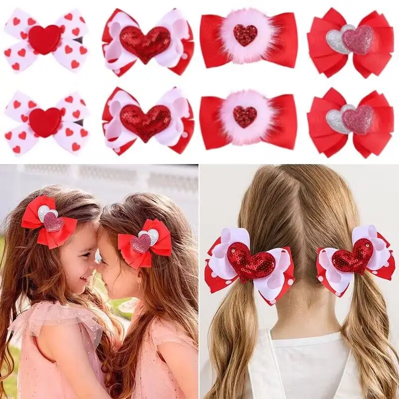 30pc/lot 3inch Heart Kiss Print Bow Hair Clips Chidlren Grosgrain Ribbon Bow Hairpins Girls Barrettes Valentine's Day Headwear