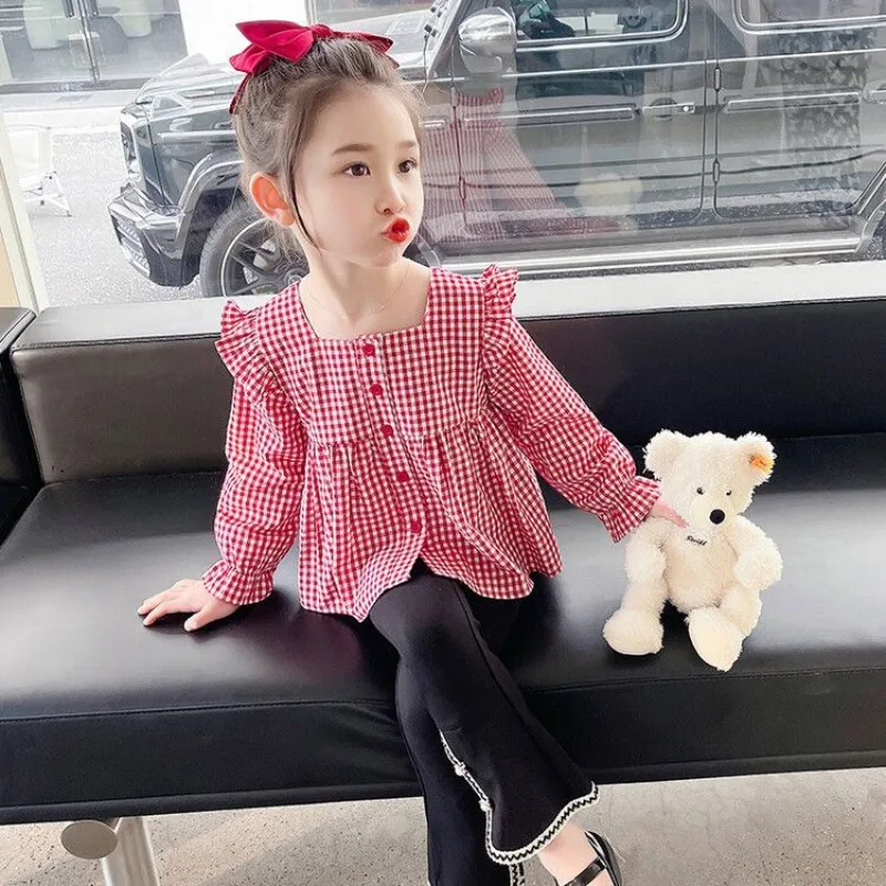 Girl's Autumn Plaid Shirt Set 2026 Stylish Two Piece Outfit Petite Off Shoulder Long Sleeve Children's Princess Shirt Ensemble