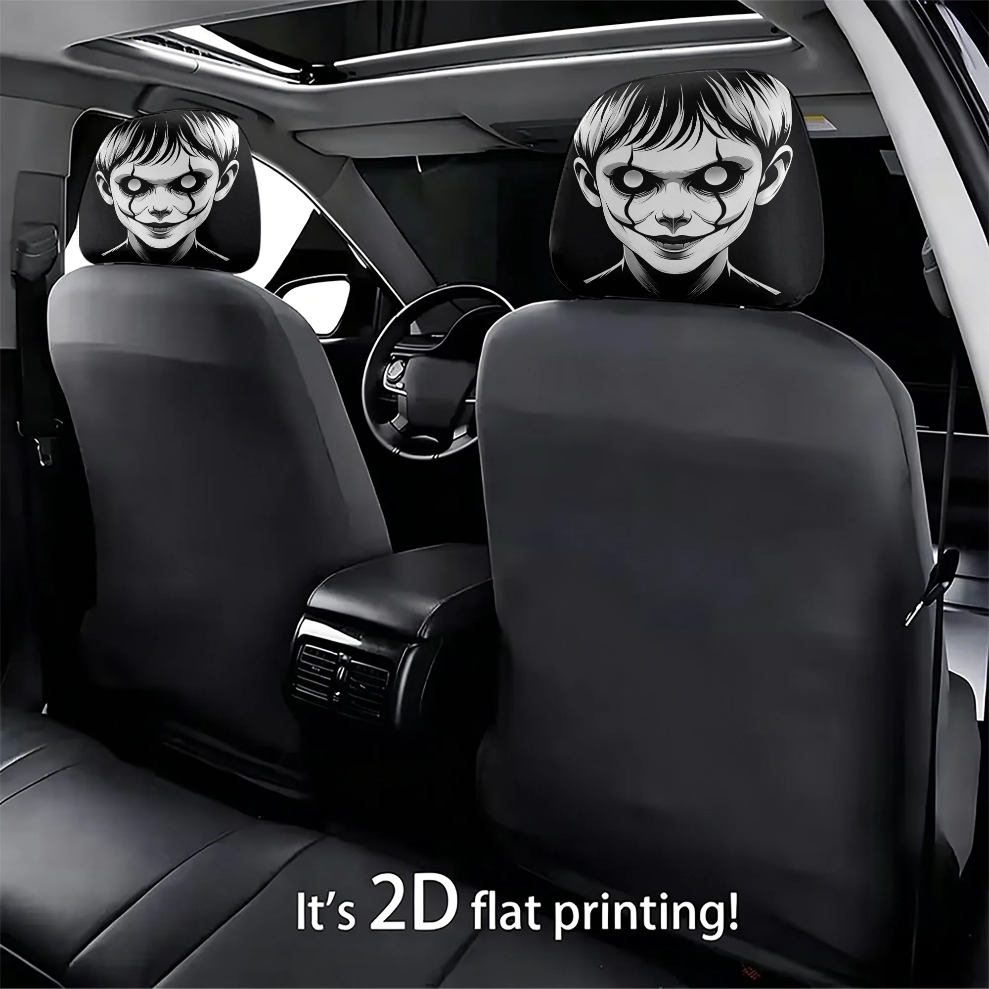 2pcs Spooky Clown-Patterned Car Headrest Covers—adds a spooky vibe to your car’s interior. Filling not included. Easy to install