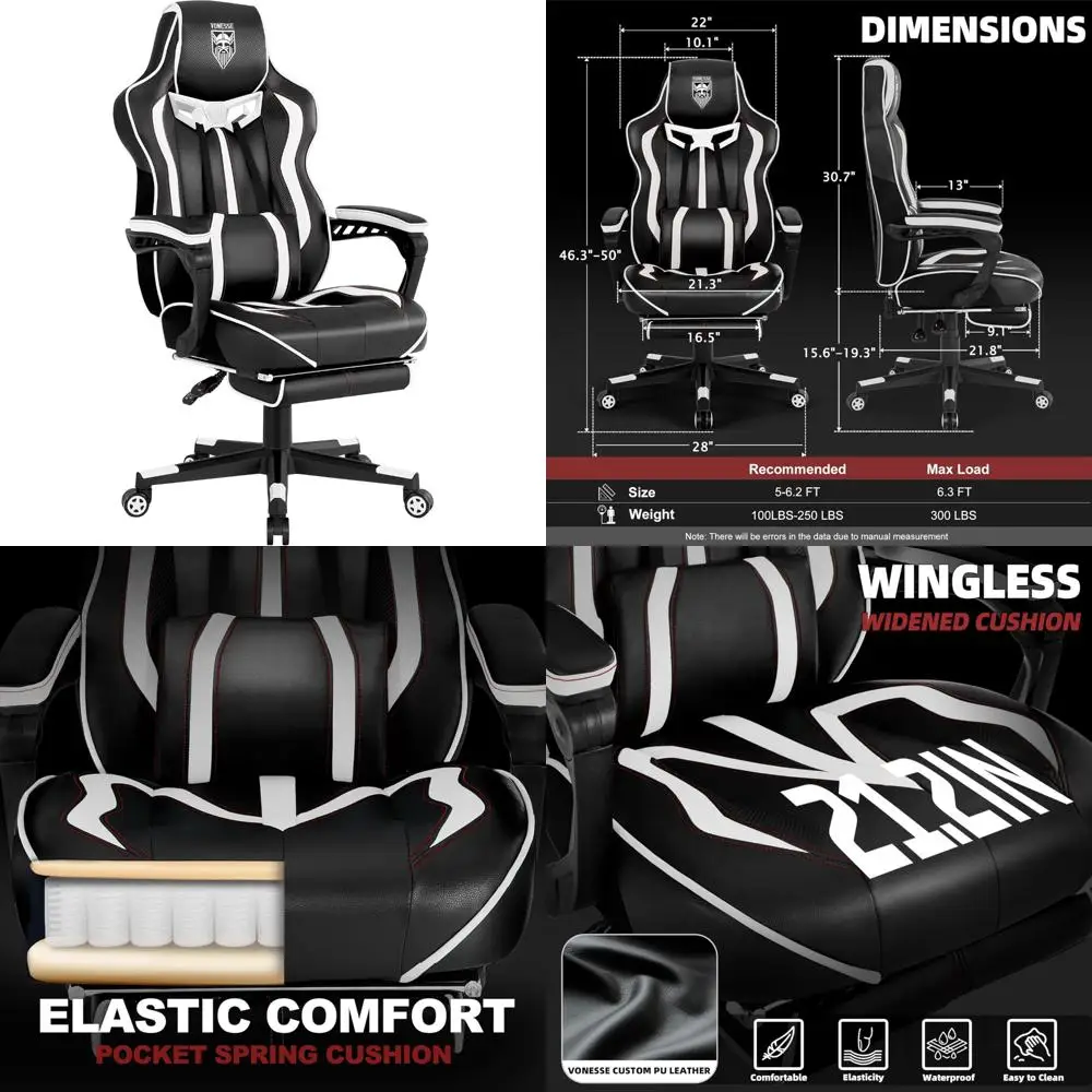 Ergonomic Reclining Gaming Chair with Footrest for Adults - Big and Tall, High Back, Massage Feature, Comfortable for Extended P