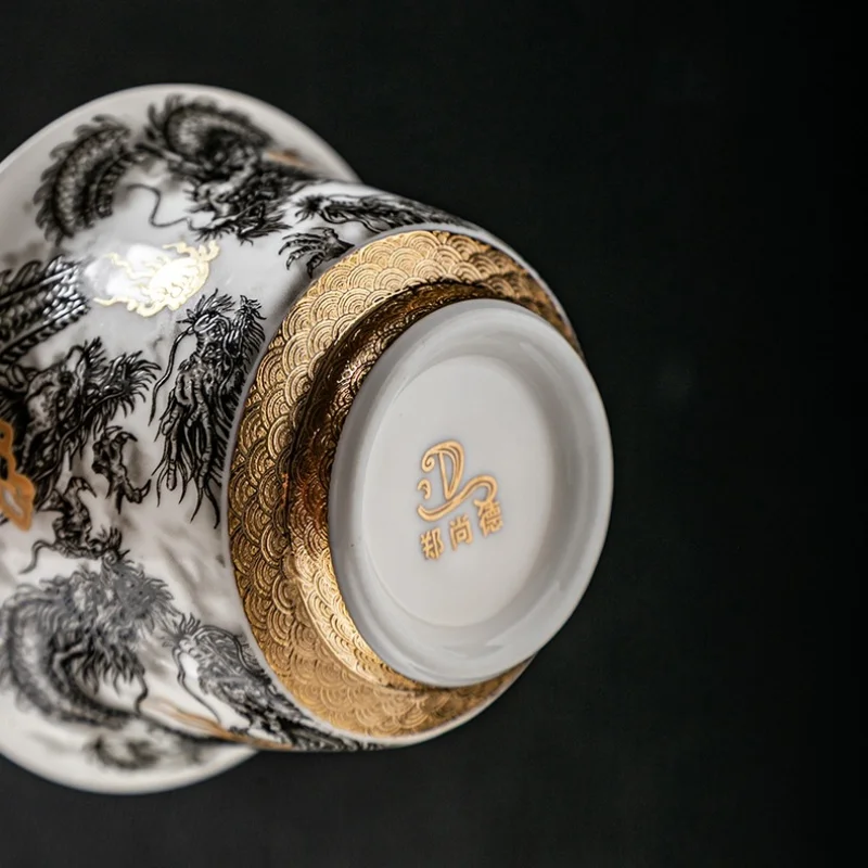 Chinese Dark Dragon White Sheep Fat Jade Porcelain Gaiwan 360° Water Outlet Gold Painted High-end Retro Tea Bowl