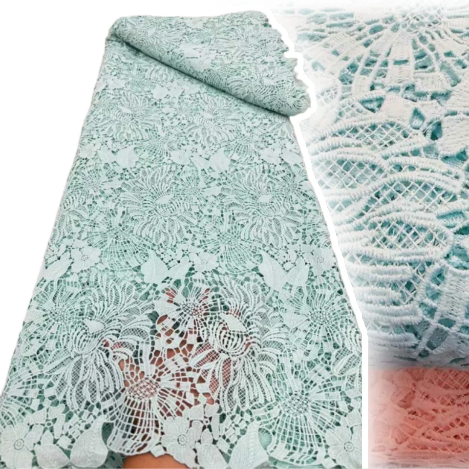 Hot Sale White Guipure Cord Lace Fabric Cotton Lastest African Water Soluble Lace Fabric Nigerian Mesh for Woman Dresses SZ1538