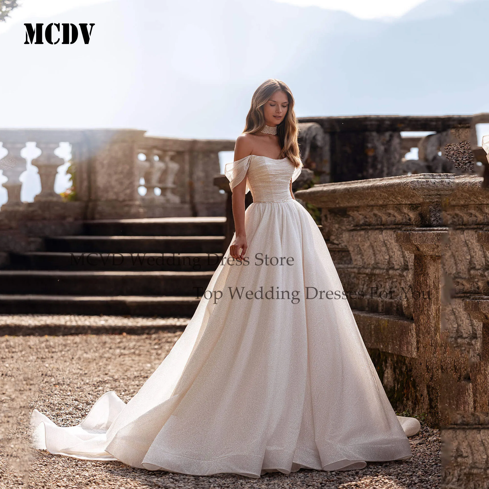 

MCDV Shiny Tulle A Line Wedding Dress Off Shoulder Strapless Luxury Bridal Gowns For Women Customized Glitter vestidos de novia