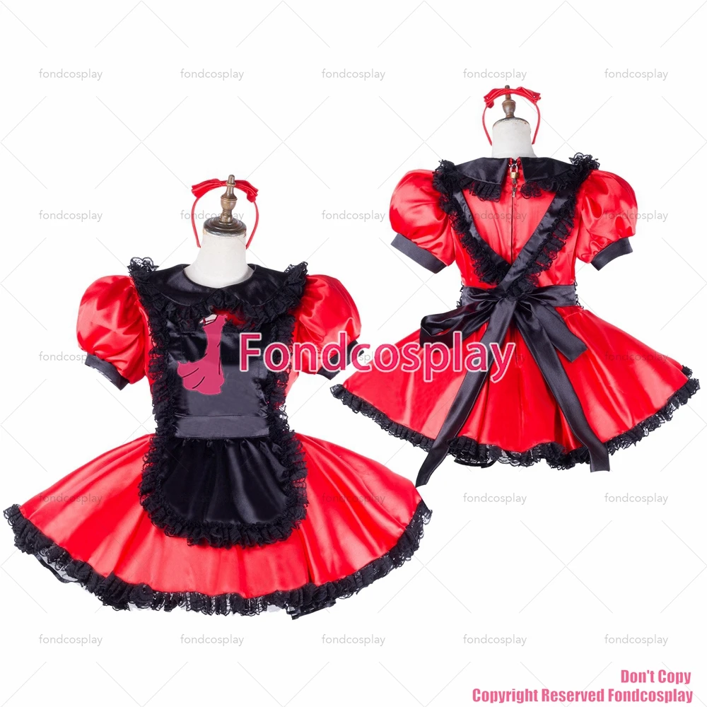 

fondcosplay adult sexy cross dressing sissy maid short red satin dress lockable Uniform black apron costume CD/TV[G2047]