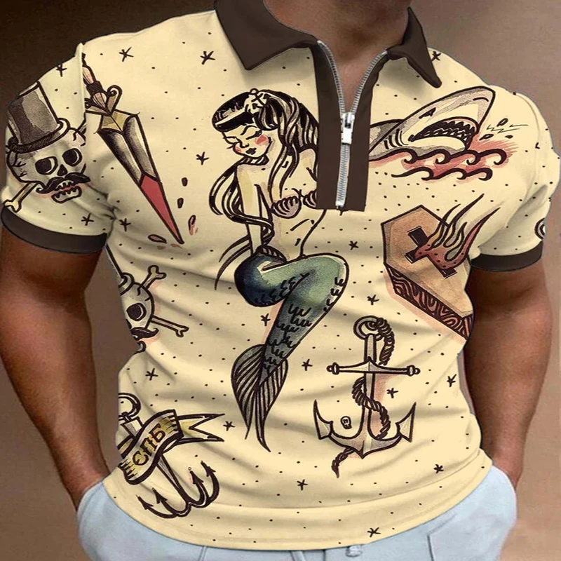 Vintage Cartoon Printing Polo Zipper Shirt for Men Hawaiian 3D Print Polo Short Sleeve Summer Shirt