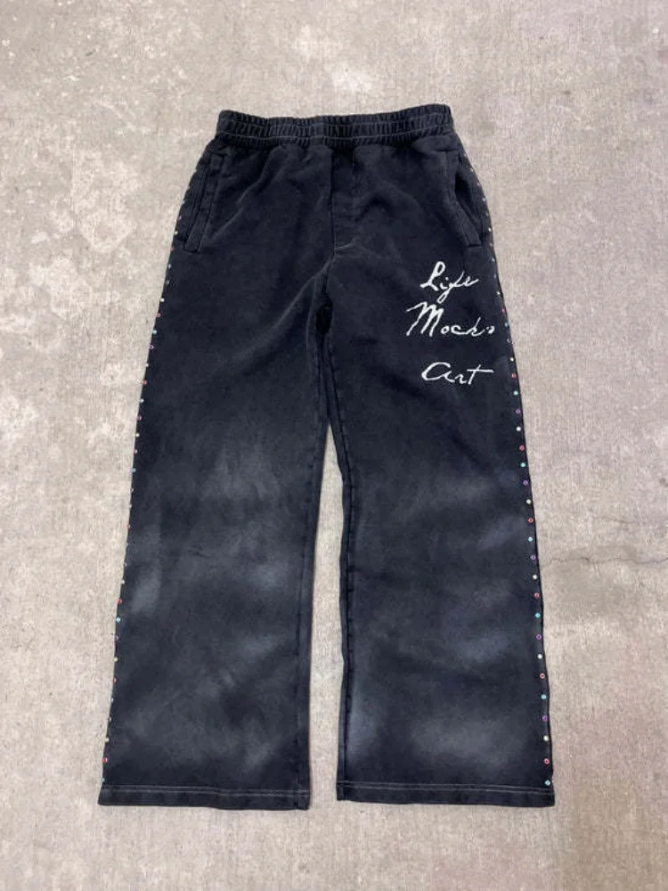 الشتاء الرجعية حجر الراين غسلها Sweatpants Y2K الهيب هوب الشارع نمط فضفاض للجنسين سراويل تقليدية للرجال والنساء #3