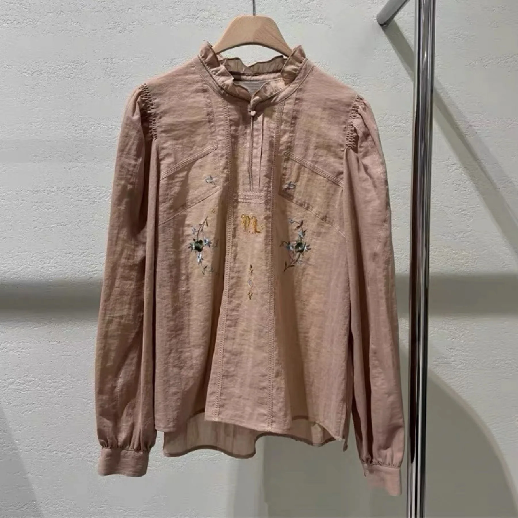 

Ele Long Sve irt Lemon Cheese Embroidery Heavy Work Small Stand Collar Lace Autumn Faion Women's Premium irt