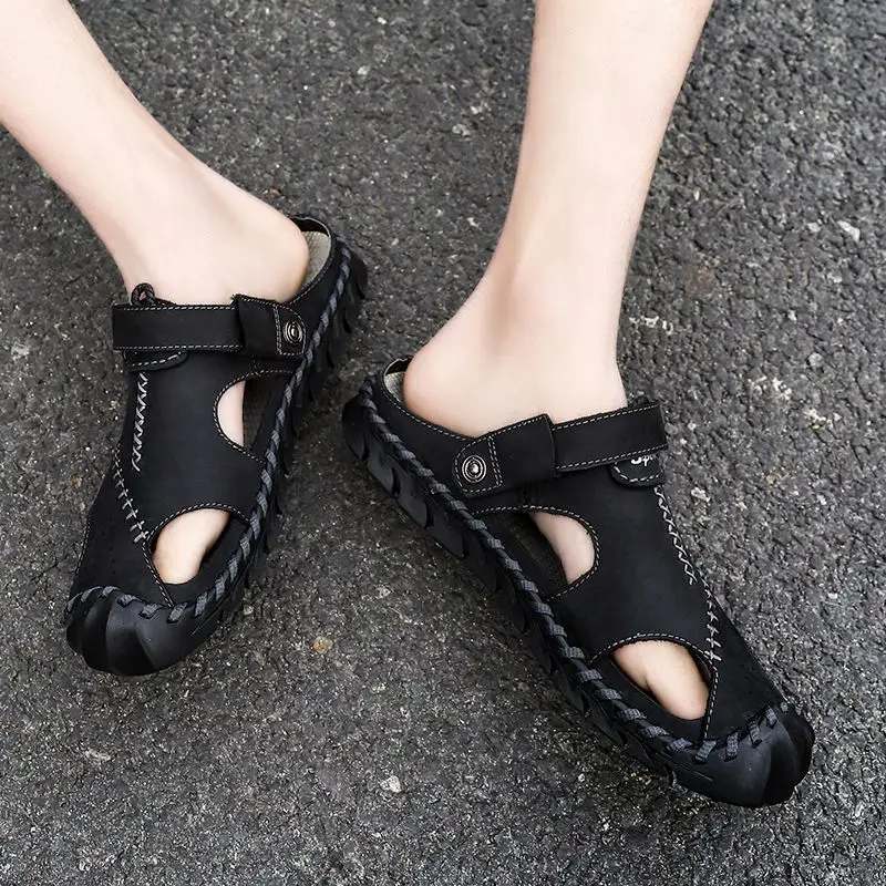 

Мужские тапочки из натуральной кожи, оригинальная пляжная дышащая мужская обувь, мода 2024, высокое качество, стильные шлепанцы Y2k, забавные шлепанцы для взрослых