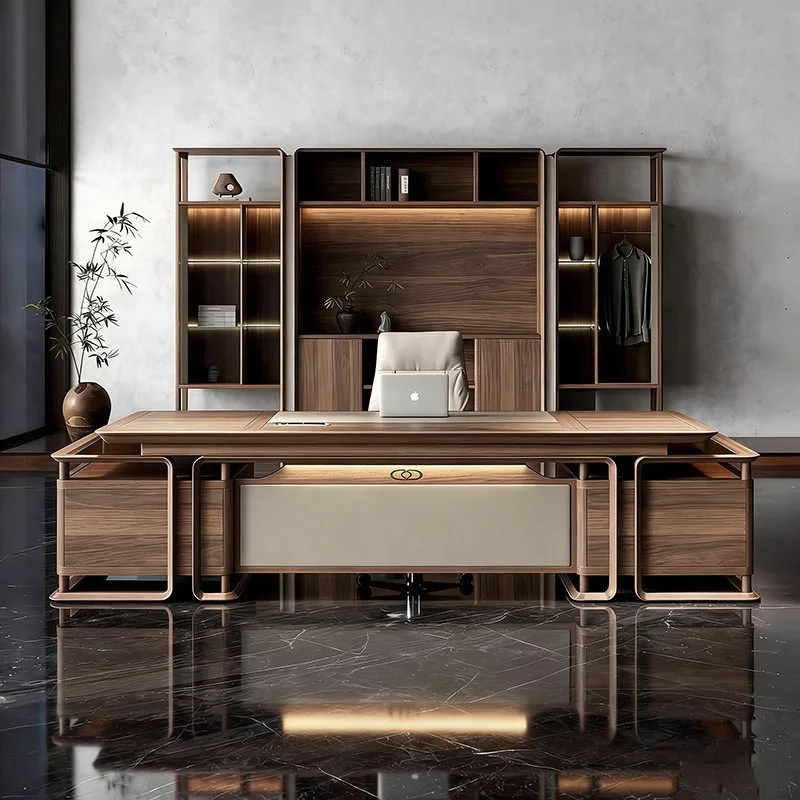 New Chinese solid wood desk with locker, office boss desk, North American black mahogany bookcase