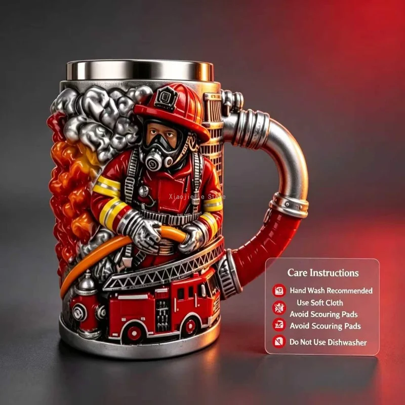 Unique Firefighter Collectible Beer Mug with Sculpted Fire-Hose Handle Stainless-Steel Liner Drinkware for Men Holiday Gift