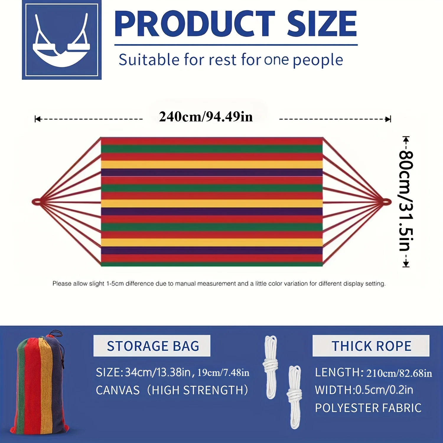 Colorful Fabric Hammock, Portable and Easy to Set Up, with Anti-Rollover Design, Comes with Binding Straps and Storage Bag; Striped Portable Hammock Equipped with Handbag and Ropes, Anti-Rolling and Comfortable