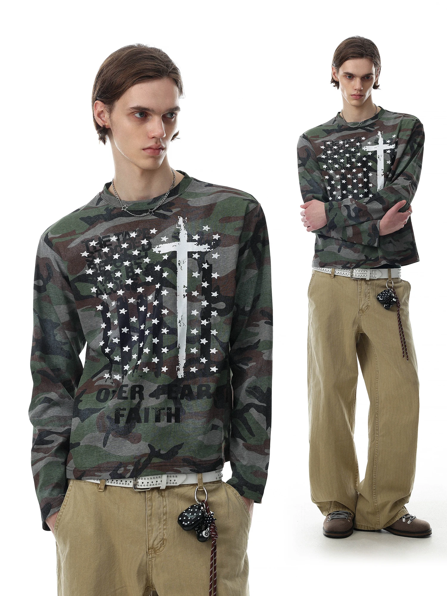 MR NEARLY American Style Streetwear Camouflage Cross Print Long Sleeve Men's T-shirt Autumn Trendy Vintage Versatile Top