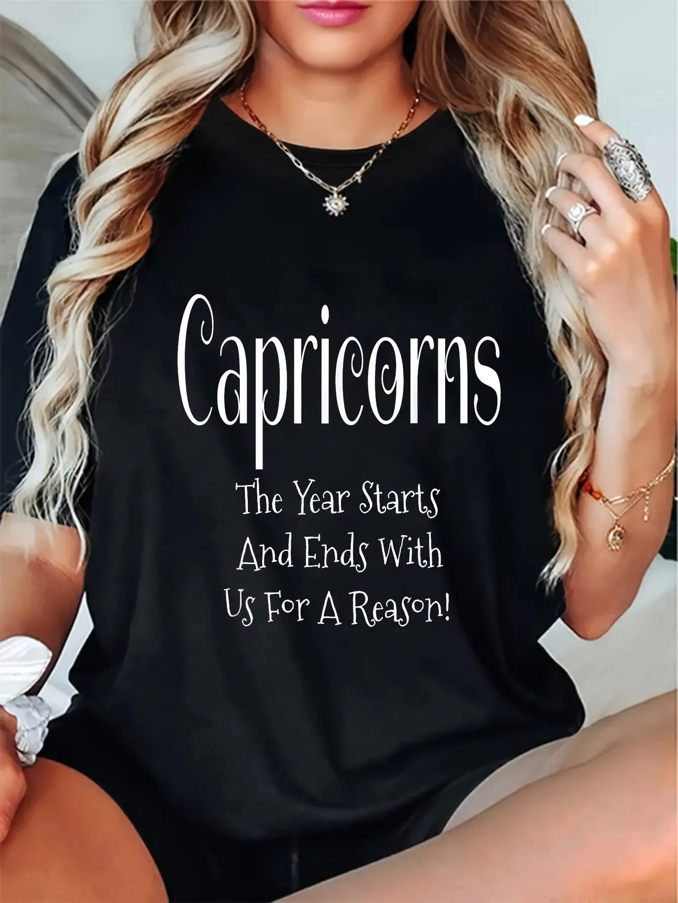 Capricorn Zodiac Theme Women's T-Shirt — "Time Begins with Us" Astrological Birthday Gift, Casual Summer Short-Sleeve Round-Neck Top with Capricorn Symbol, Machine Washable Black Version, Designed Specifically for the Capricorn Birthday Season