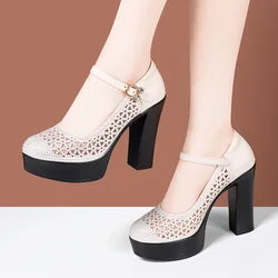 6cm 9cm 11cm Elegant Mesh Crystal Genuine Leather Shoes Platform Pumps Spring 2026 Block High Heels Shoes Model Wedding Party