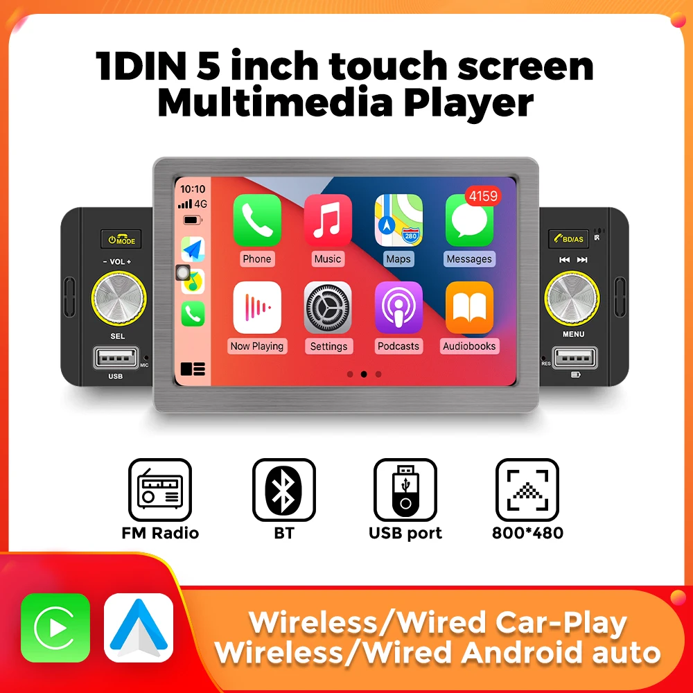 

NaviFly 5-дюймовый 1din головное устройство Проводной CarPlay Android Автомобильный радиоприемник Мультимедийный универсальный MP5-плеер FM-радио BT USB-порт Авторадио