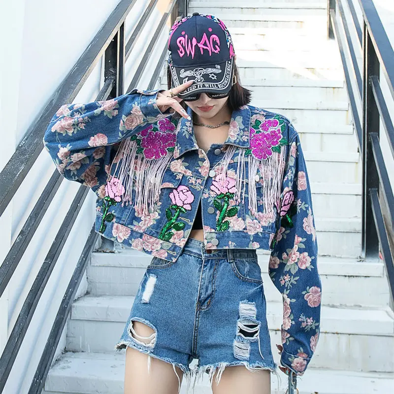 Luxury Floral Printing Fringed Denim Coat Dyeing Flowers Embroidery Tassels Jean Bomber Jacket Sequined High Waist Cardigan Tops