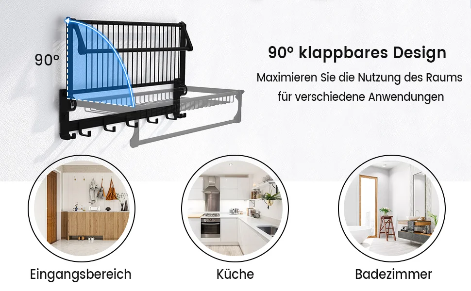 Towel Holder Folding Towel Rack Without Drilling Towel Bar Wall Mounted With 9 Movable Hooks & Shelf Wall Organizer